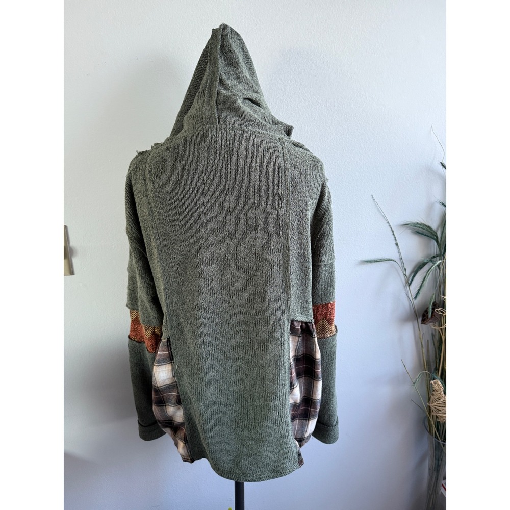 POL Womens Medium‎ Knit Hooded Cardigan Brown Plaid Patchwork Full Zip Jacket